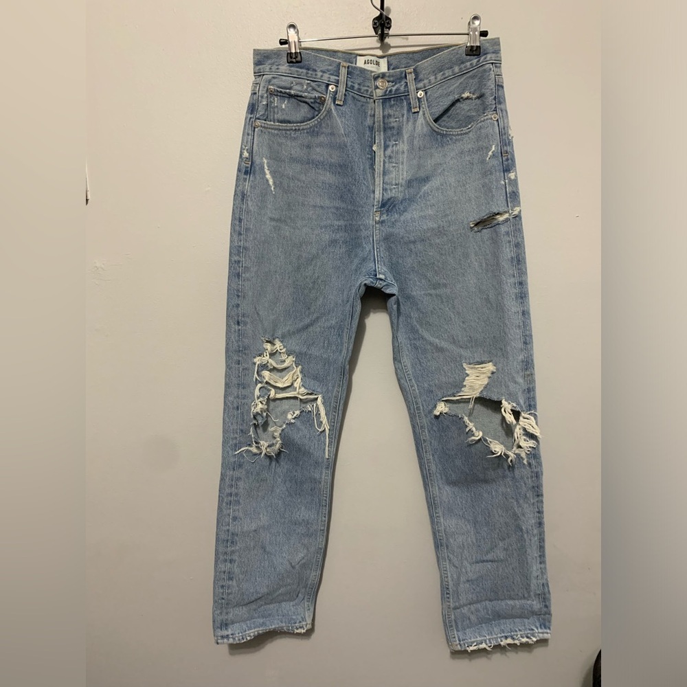 Agolde Blue Distressed Straight Leg Jeans - Picture 15 of 16